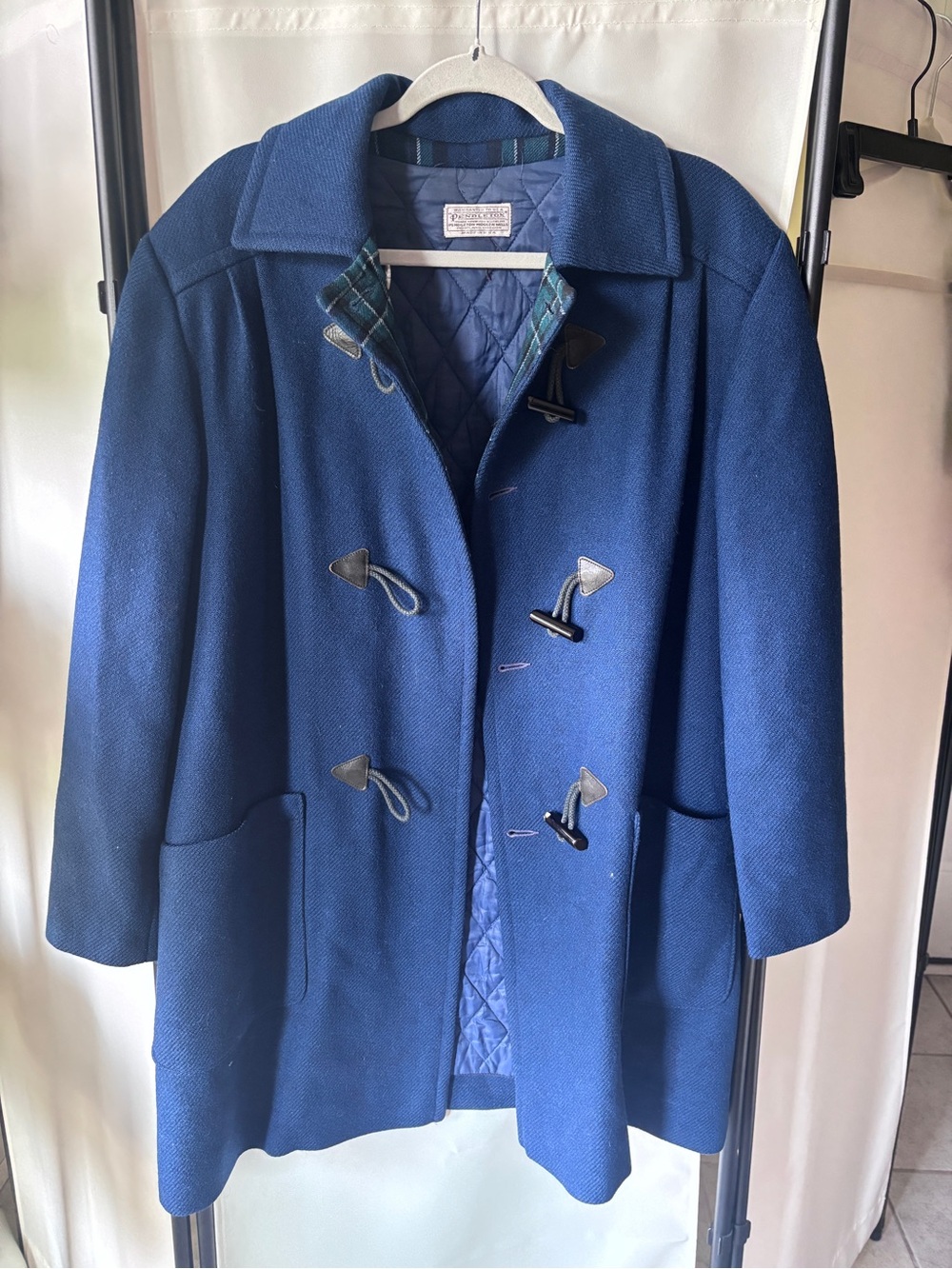 Vintage Pendleton Navy Blue Wool Duffle Coat with Green Plaid Lining